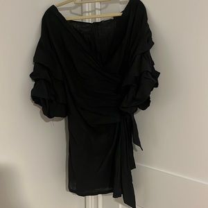 Black linen off the shoulder wrap dress